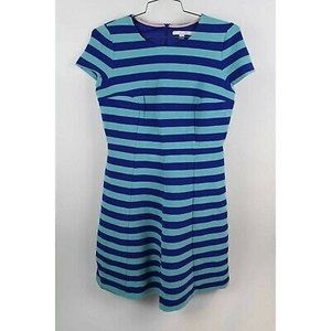 Boden Womens A Line Dress Blue Striped Stretch Scoop Neck Short Sleeve Zip 8 New